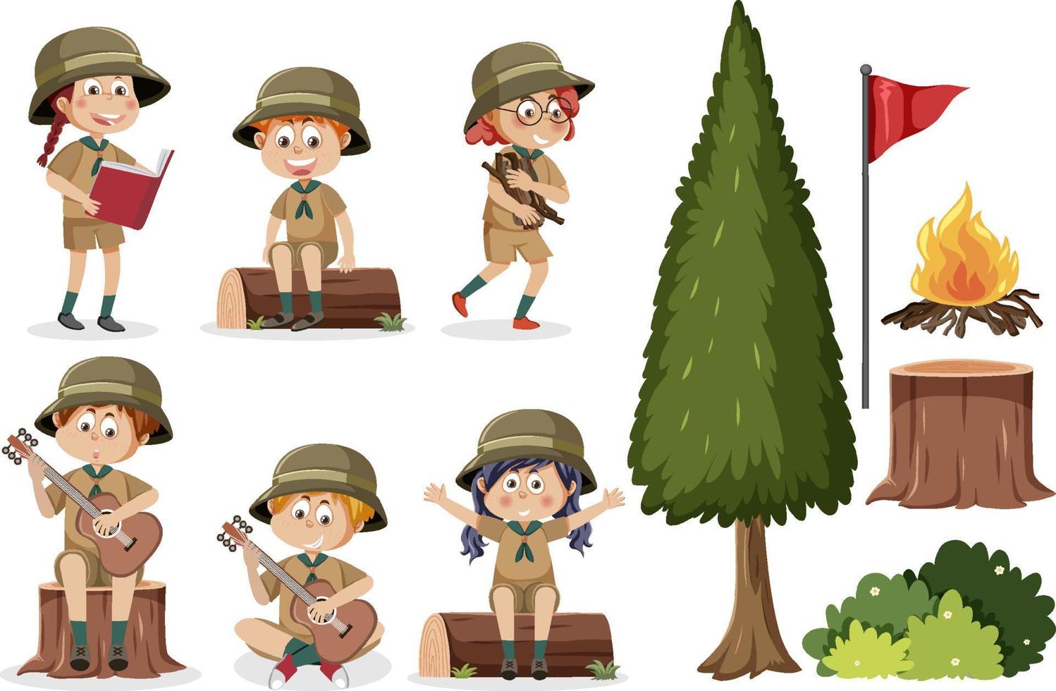 Children camping out cartoon character set vector