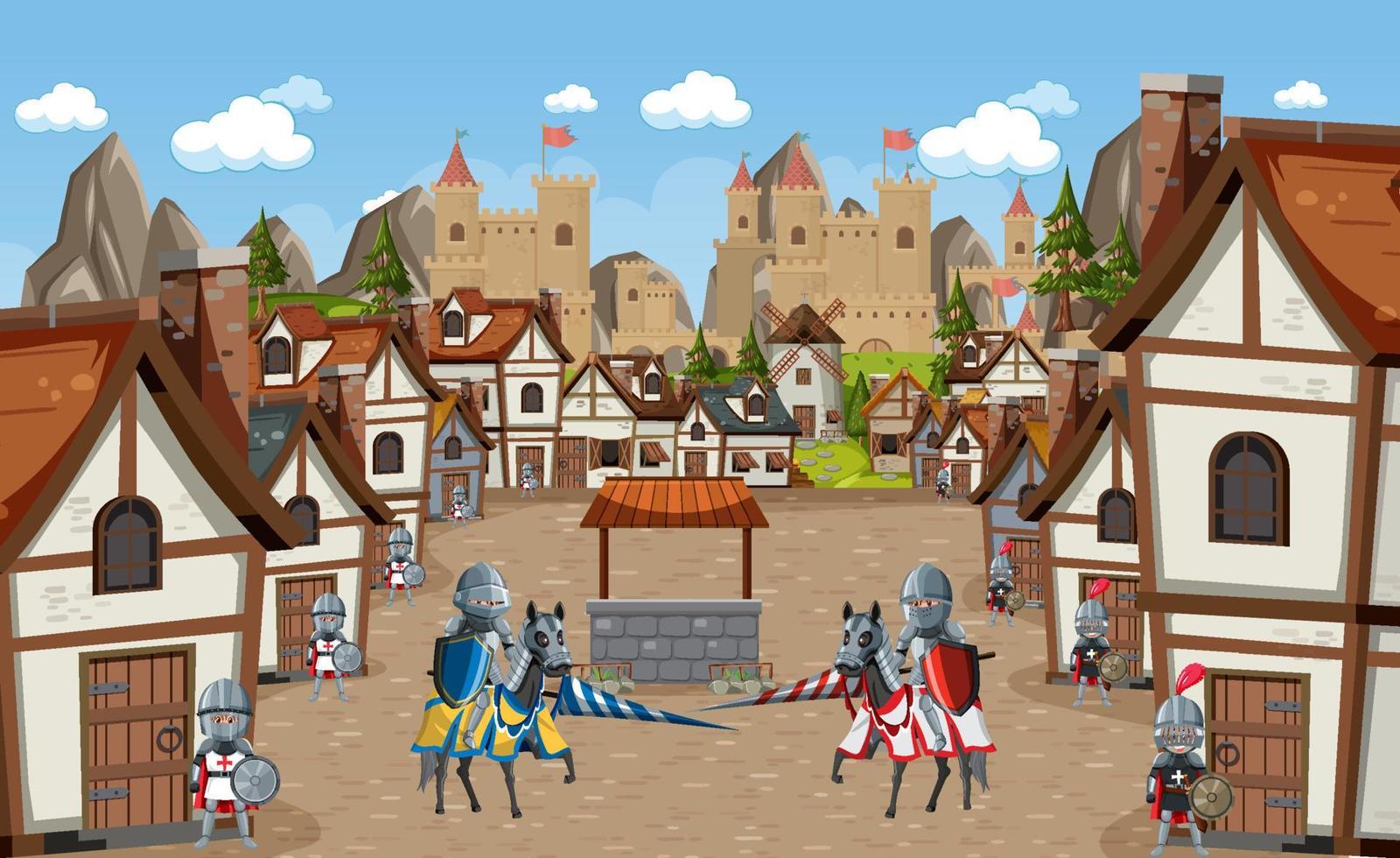 Medieval village scene castle background vector