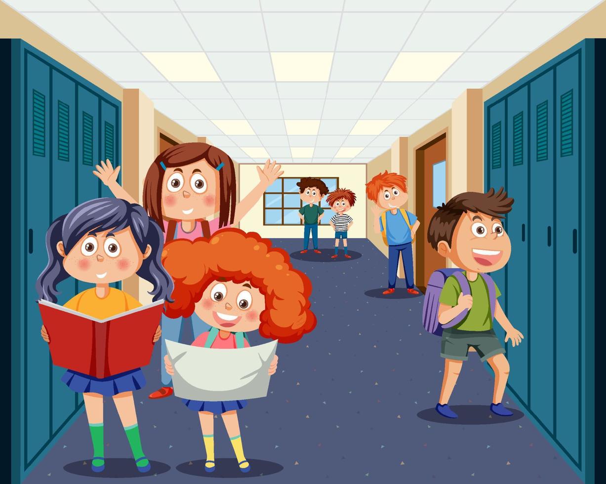 School locker room with student kids vector