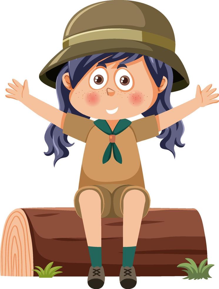 Cute girl scout cartoon character sitting on log vector