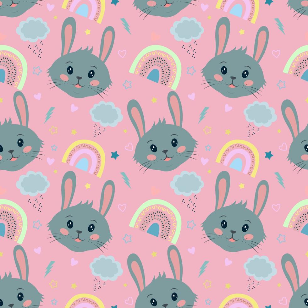 Cute seamless vector pattern with rabbits, hearts, clouds, rainbows and stars. Seamless vector printing on children's fabrics, wallpaper, textiles.