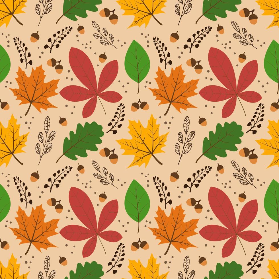 Vector seamless pattern with autumn elements, acorns, various leaves, autumn floral elements. Bright, repetitive texture for the autumn season. It is used for wrapping paper,packaging,wallpaper,books.