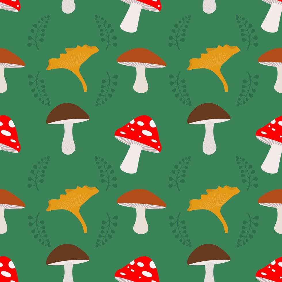 Vector seamless pattern of mushrooms. Autumn pattern. Bright, repetitive texture for the autumn season. Design of postcards, wrapping paper prints, packaging, web design.