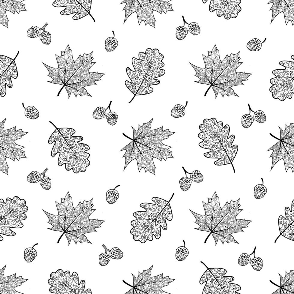 patrón sin costuras con hojas de roble y arce y bellotas. hojas con un hermoso adorno. fondo vectorial aislado. textura para textiles o papel de envolver, papel pintado, patrón de otoño. vector