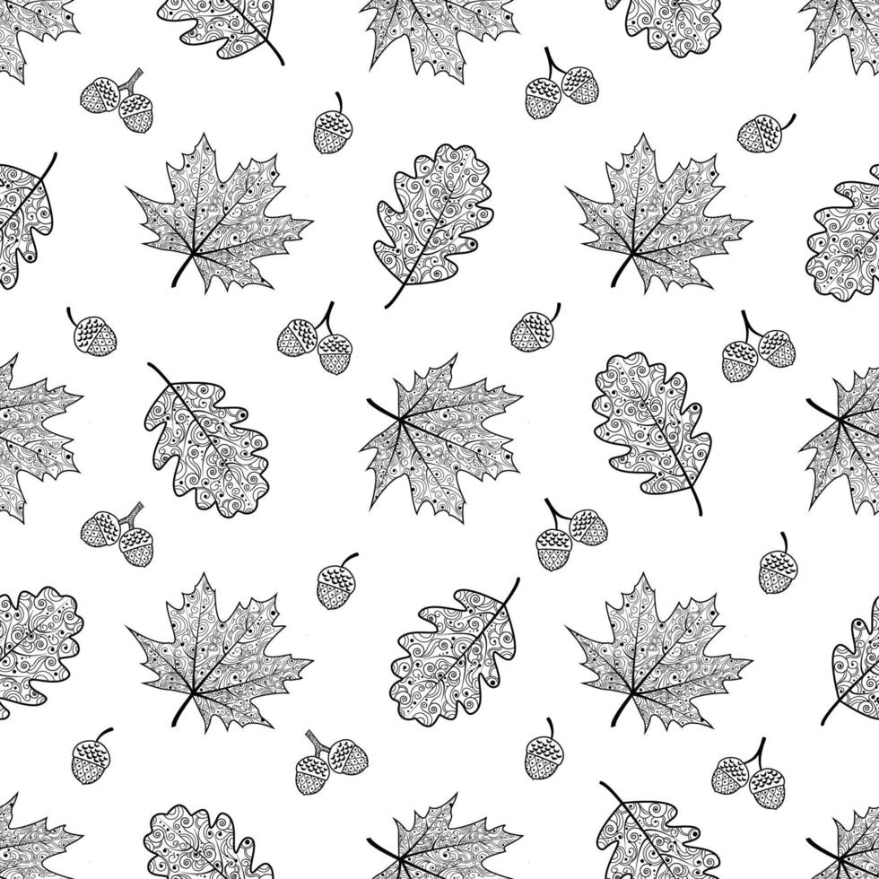 Seamless pattern with oak and maple leaves and acorns. Leaves with a beautiful ornament. Vector isolated background . Texture for textiles or wrapping paper, wallpaper, autumn pattern.