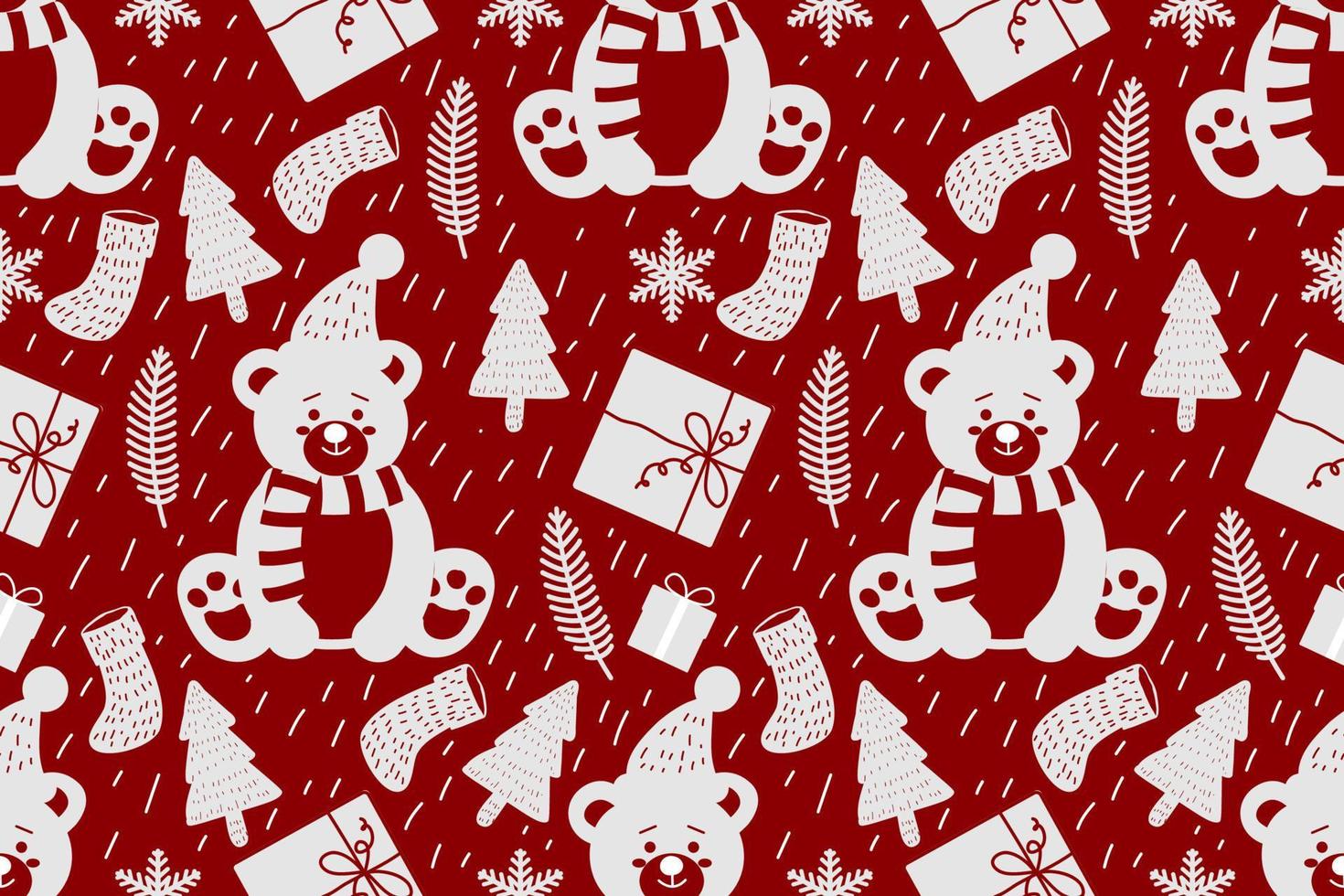 Merry Christmas seamless pattern home decoration design. Cartoon Santa, Christmas tree, Christmas leaves, cute wallpaper. Ornaments vector illustrations background