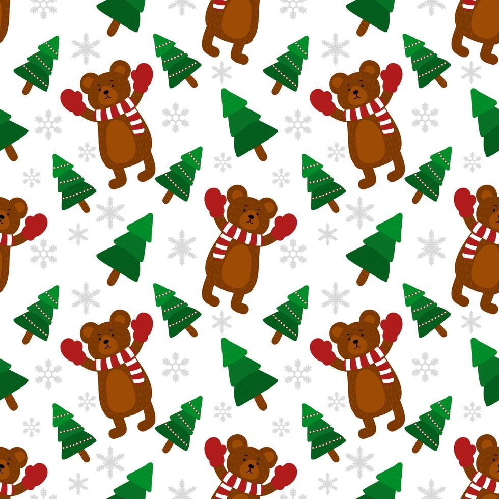 Merry Christmas seamless pattern home decoration design. Cartoon Santa, Christmas tree, Christmas leaves, cute wallpaper. Ornaments vector illustrations background