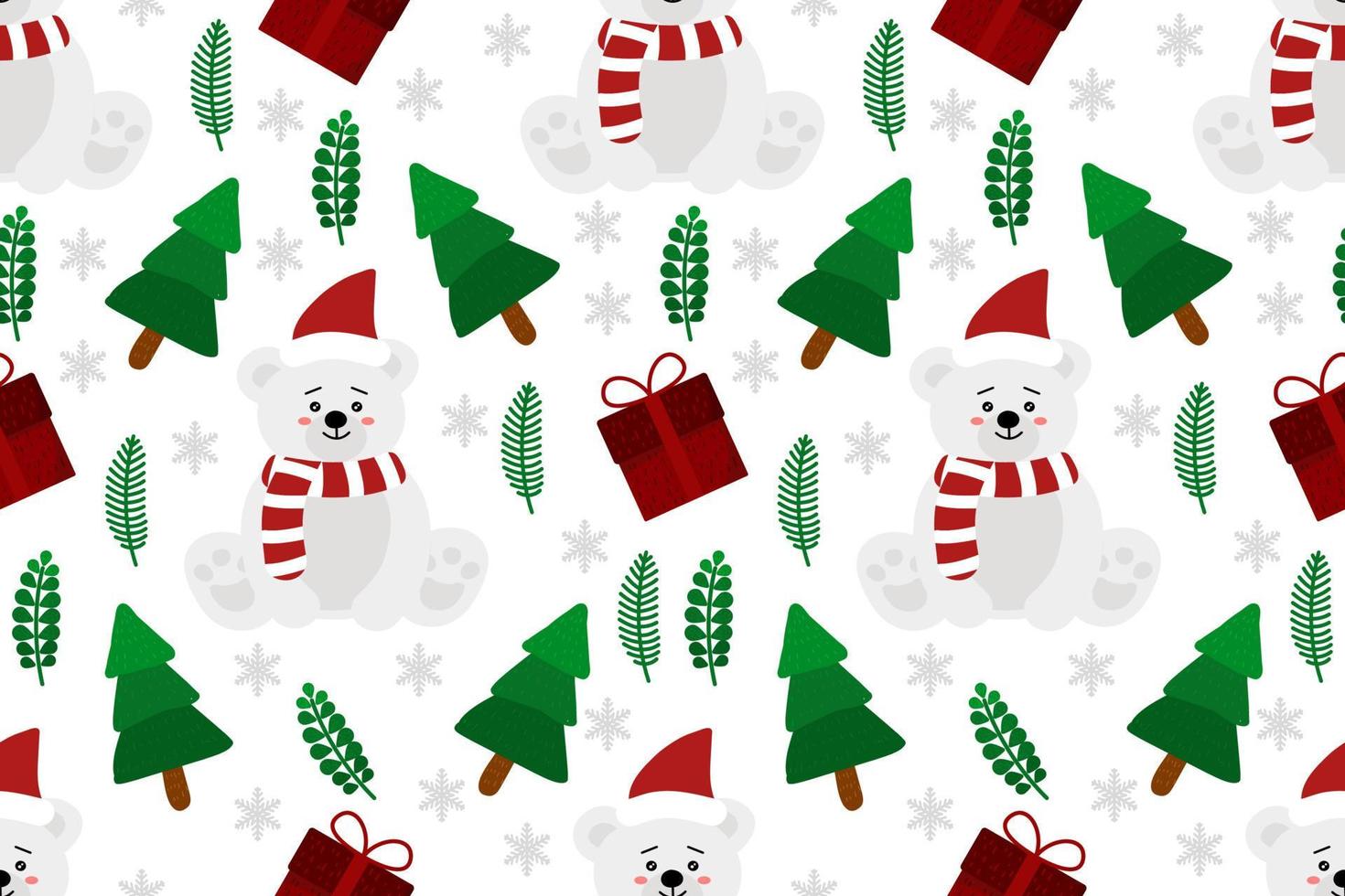 Merry Christmas seamless pattern home decoration design. Cartoon Santa, Christmas tree, Christmas leaves, cute wallpaper. Ornaments vector illustrations background