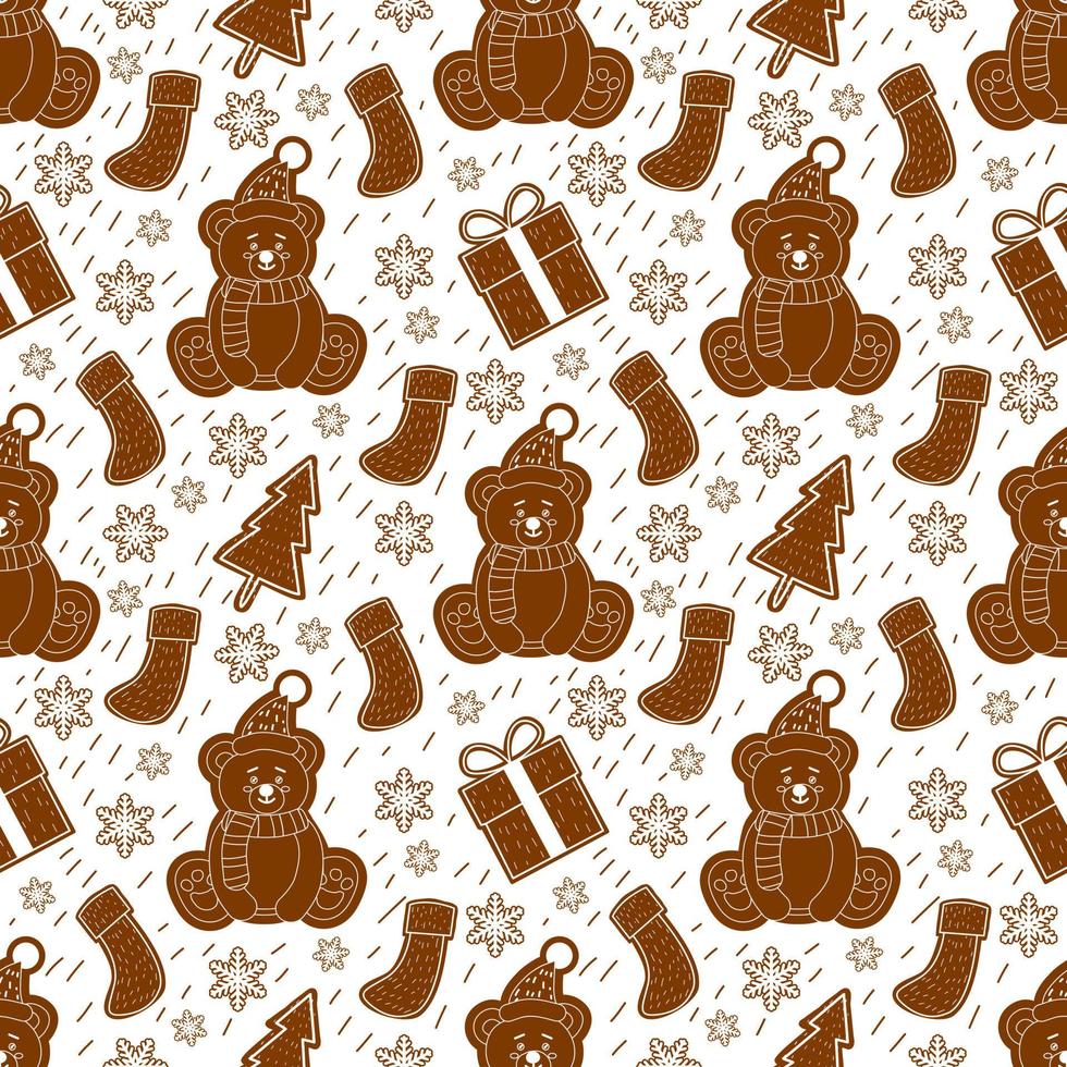 Merry Christmas seamless pattern home decoration design. Cartoon Santa, Christmas tree, Christmas leaves, cute wallpaper. Ornaments vector illustrations background