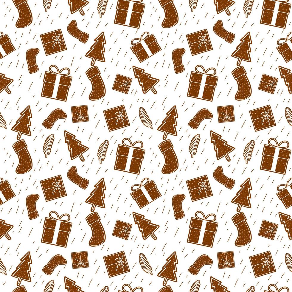 Merry Christmas seamless pattern home decoration design. Cartoon Santa, Christmas tree, Christmas leaves, cute wallpaper. Ornaments vector illustrations background