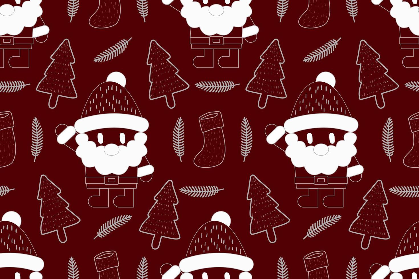 Merry Christmas seamless pattern home decoration design. Cartoon Santa, Christmas tree, Christmas leaves, cute wallpaper. Ornaments vector illustrations background