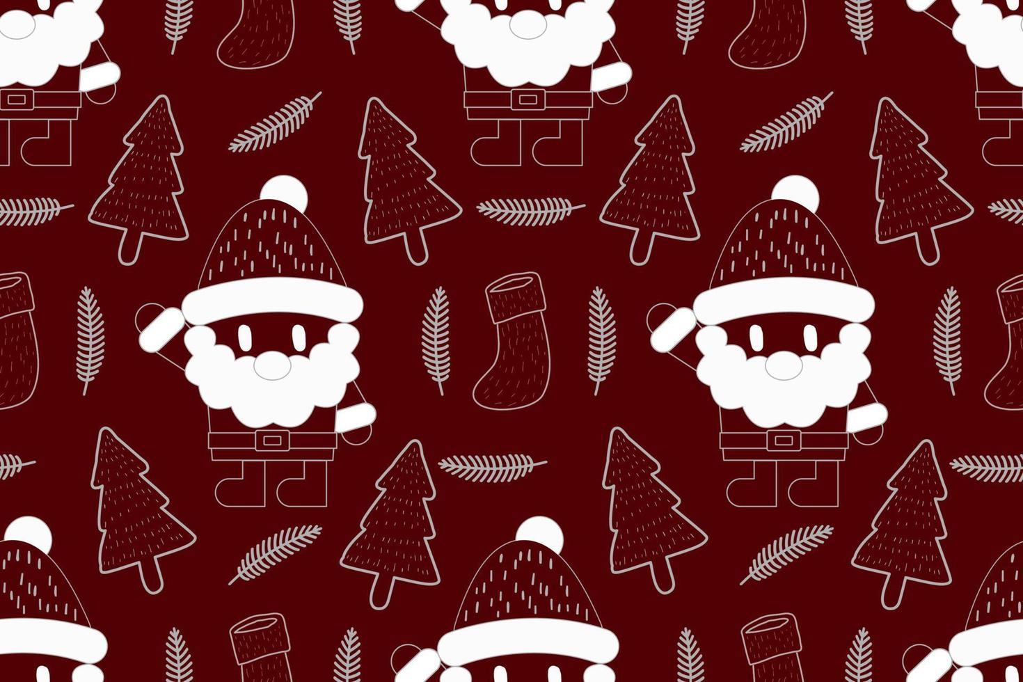 feliz navidad diseño de decoración del hogar de patrones sin fisuras. dibujos animados de santa, árbol de navidad, hojas de navidad, lindo fondo de pantalla. fondo de ilustraciones vectoriales de adornos vector