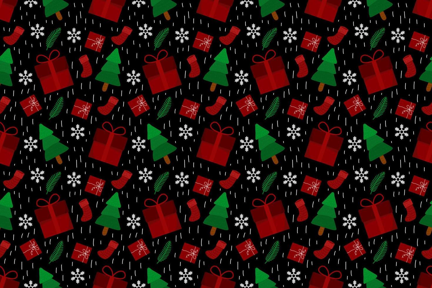 Merry Christmas seamless pattern home decoration design. Cartoon Santa, Christmas tree, Christmas leaves, cute wallpaper. Ornaments vector illustrations background
