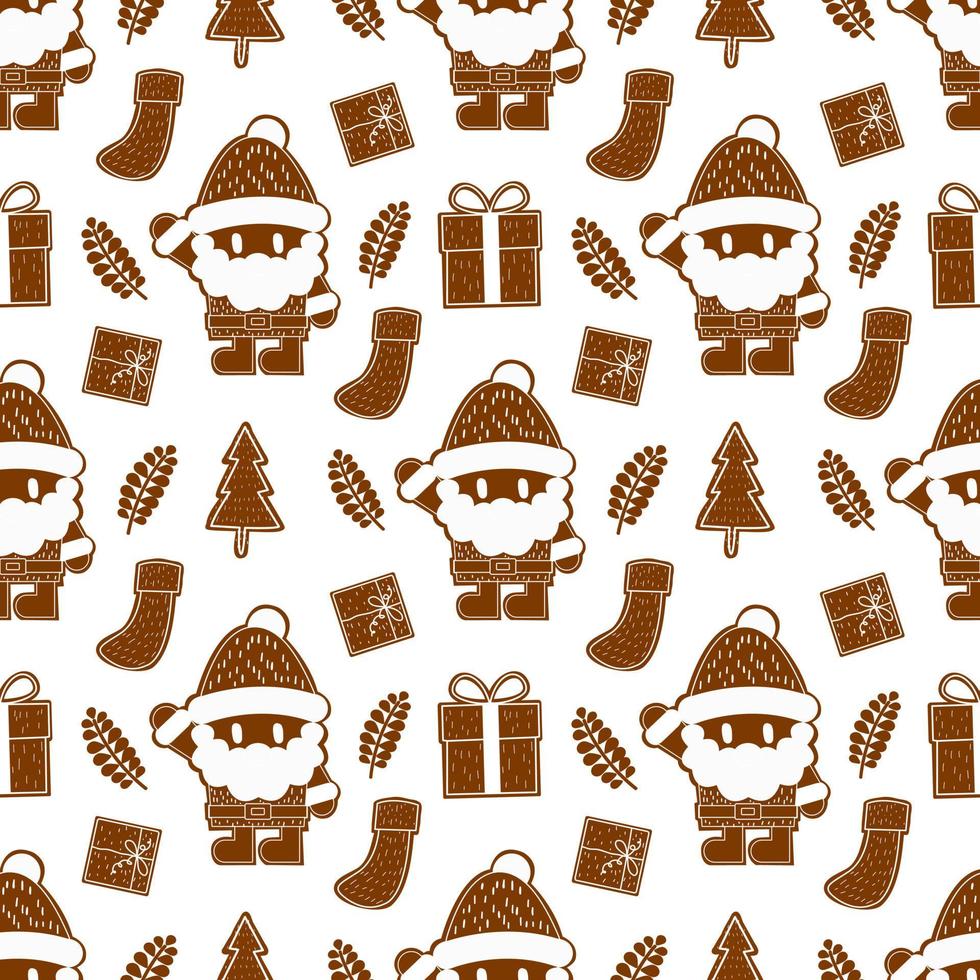 Merry Christmas seamless pattern home decoration design. Cartoon Santa, Christmas tree, Christmas leaves, cute wallpaper. Ornaments vector illustrations background