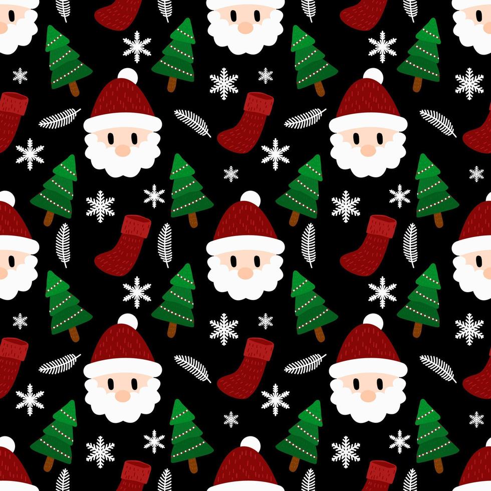Merry Christmas seamless pattern home decoration design. Cartoon Santa, Christmas tree, Christmas leaves, cute wallpaper. Ornaments vector illustrations background