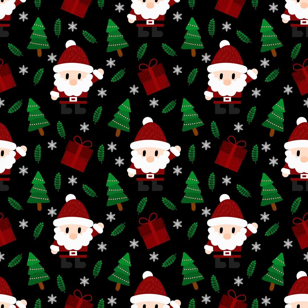 Merry Christmas seamless pattern home decoration design. Cartoon Santa, Christmas tree, Christmas leaves, cute wallpaper. Ornaments vector illustrations background