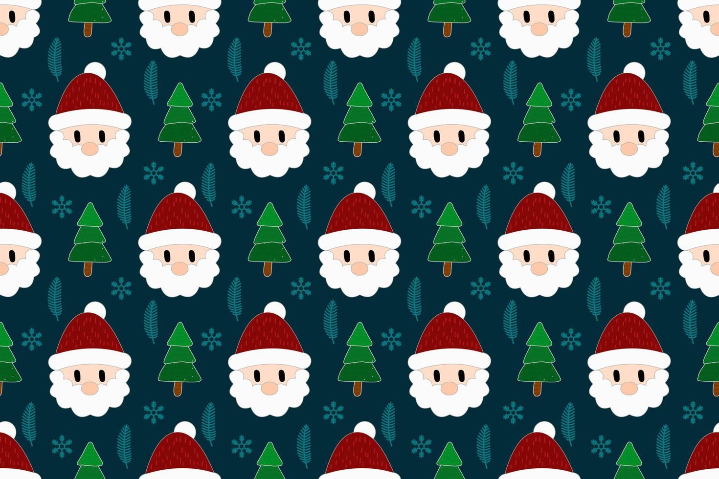 Merry Christmas seamless pattern home decoration design. Cartoon Santa, Christmas tree, Christmas leaves, cute wallpaper. Ornaments vector illustrations background
