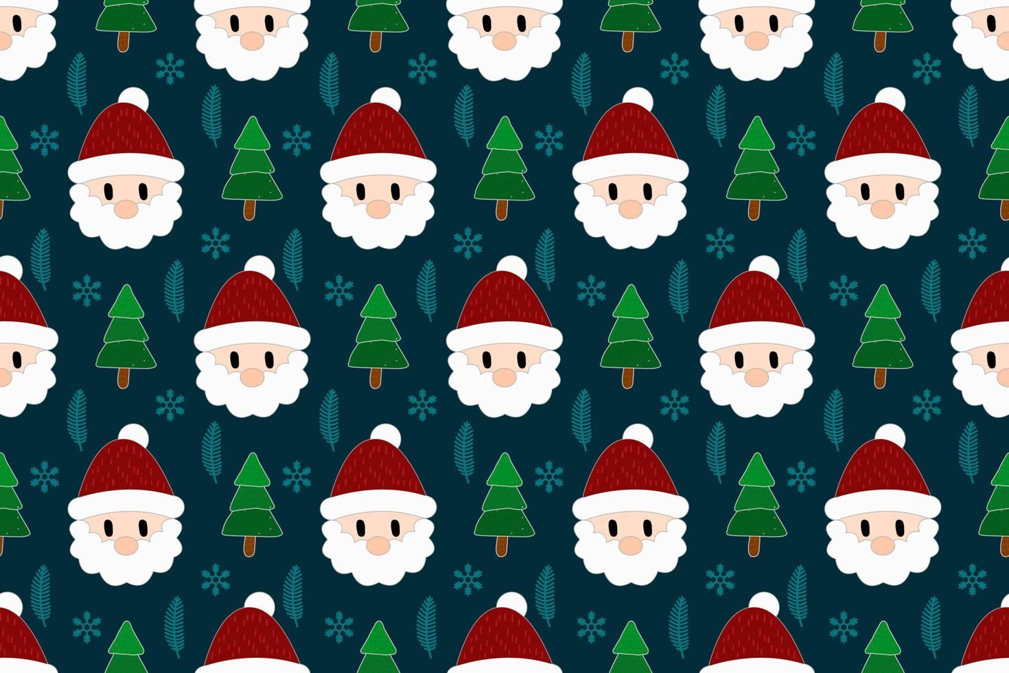 Merry Christmas seamless pattern home decoration design. Cartoon Santa, Christmas tree, Christmas leaves, cute wallpaper. Ornaments vector illustrations background