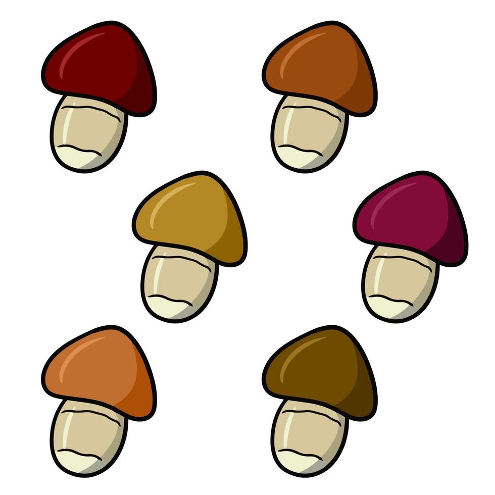 un conjunto de iconos de colores, un hongo pequeño con un sombrero rojo y marrón, una ilustración vectorial en estilo de dibujos animados sobre un fondo blanco vector