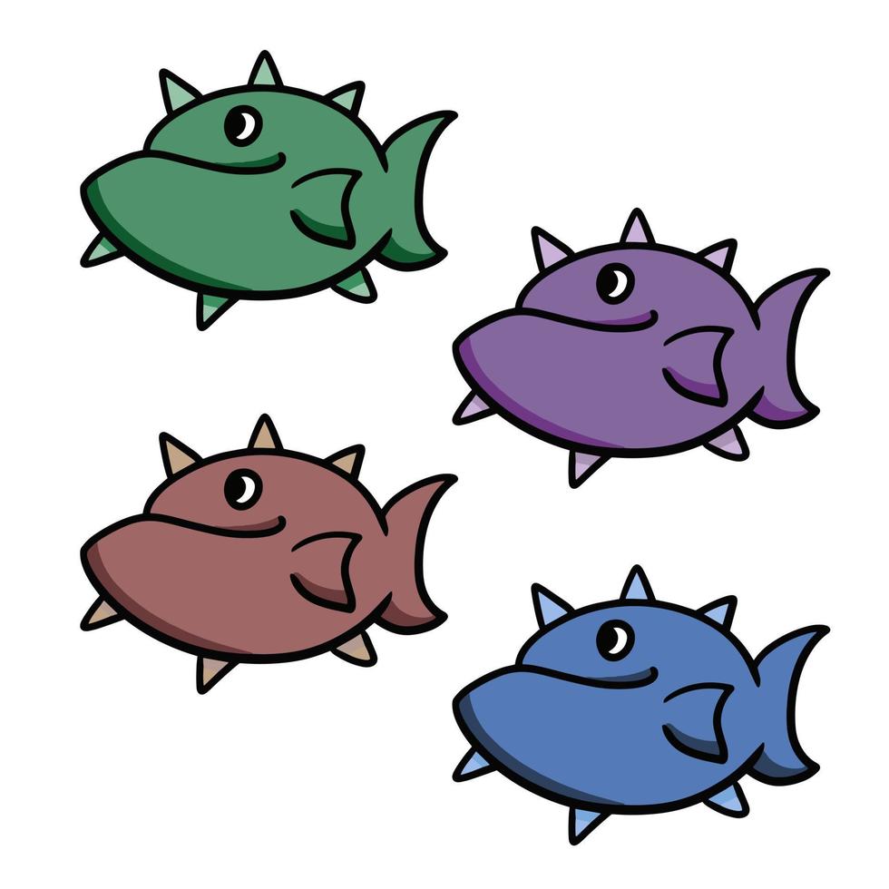 A set of colored icons, a large fish with sharp spikes, vector cartoon illustration on a white background