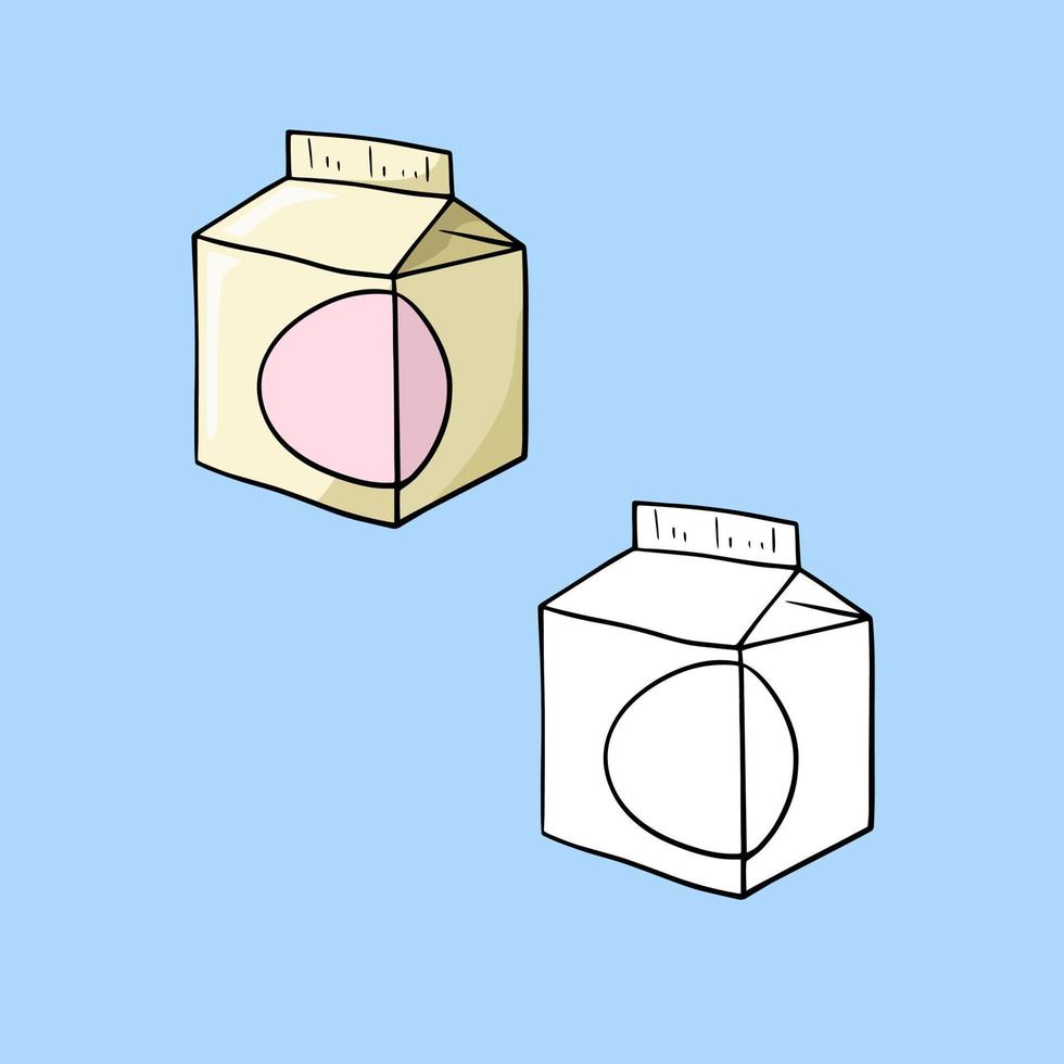 A set of images, a small square package of milk, kefir, a space for copying, a vector in cartoon style on a colored background