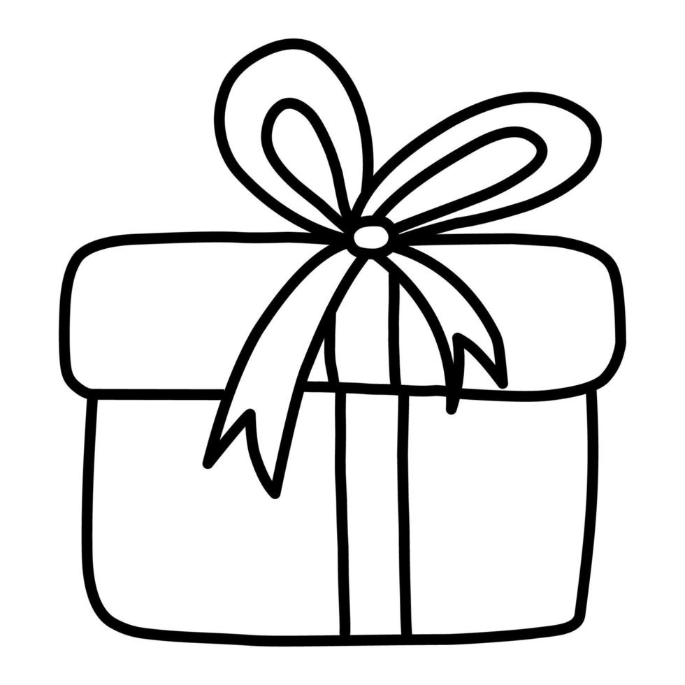 la caja de regalo está cerrada y decorada con un lazo. caja de regalo sorpresa de año nuevo. garabato de dibujo a mano. bonito, divertido dibujo. dibujo en blanco y negro. vector. icono. vector