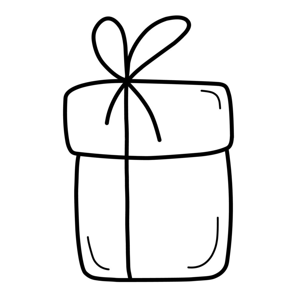 The gift box is closed and decorated with a bow. New Years surprise gift box. Hand drawing doodle. Nice, funny drawing. Black and white drawing. Vector. Icon. vector