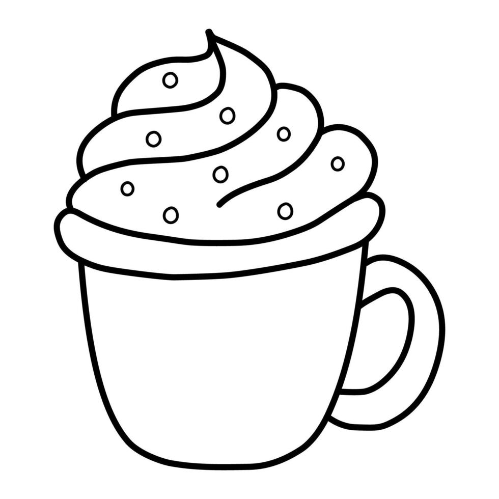 A cup of hot cocoa with cream, highlighted on a white background. Vector hand-drawn illustration in doodle style. Perfect for holiday and Christmas designs, postcards, logos, decorations.