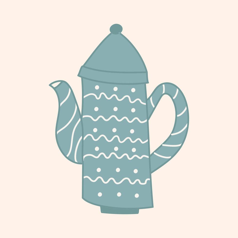 Green teapot with pattern on beige background. Vector isolated image for use in menu design or clipart