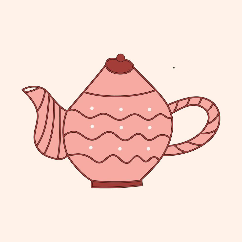 Pink teapot with patterns on beige background. Vector image for use in menu design or clipart