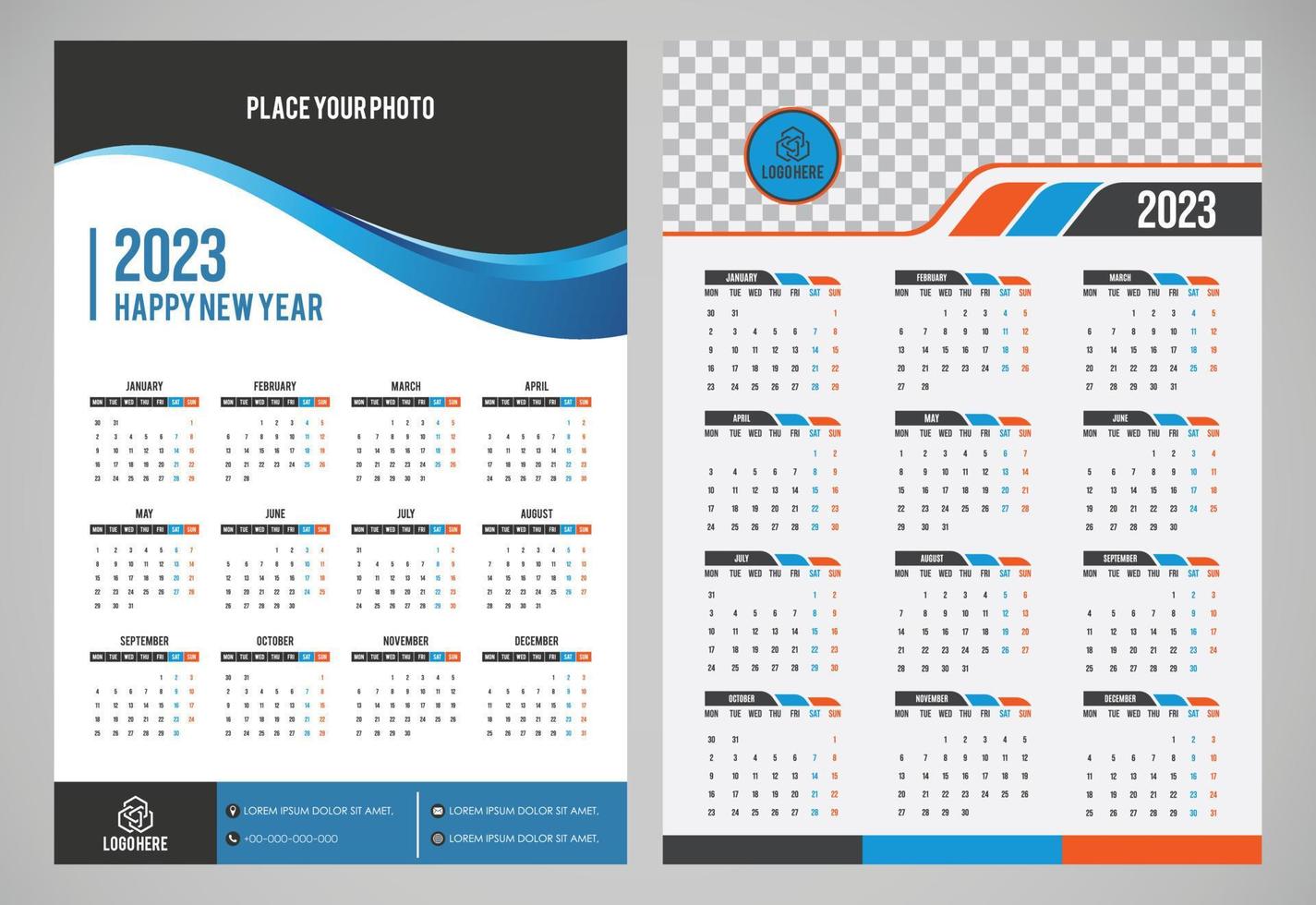 Simple calendar layout for 2023 years. One-page calendar vector illustration