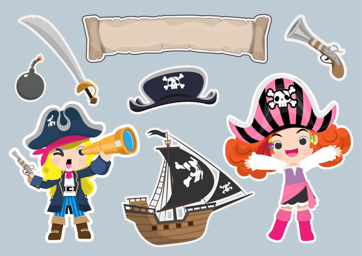 Pirate cartoon vector game object set. Sea adventure element collection