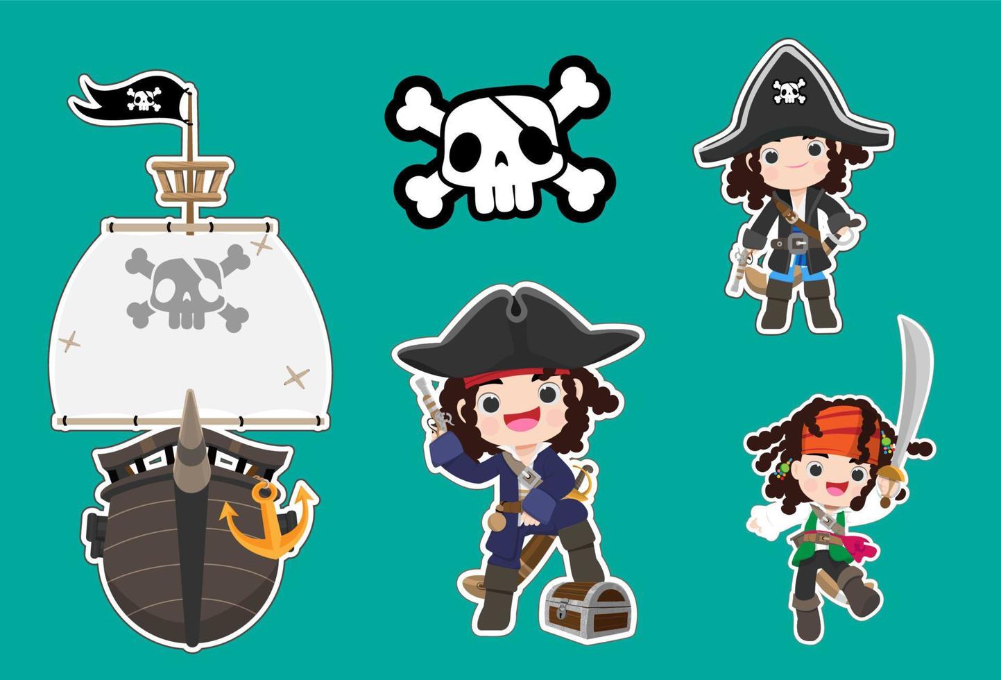 Pirate cartoon vector game object set. Sea adventure element collection