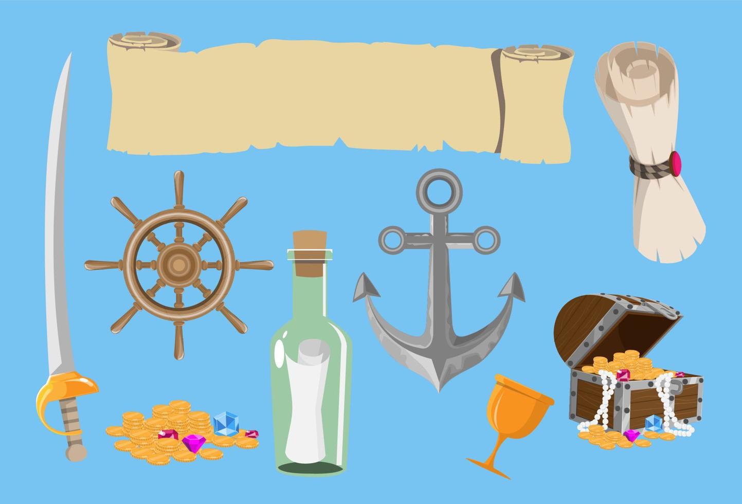 conjunto de objetos de tesoro de juego de vector de dibujos animados pirata. colección de elementos de aventura marina