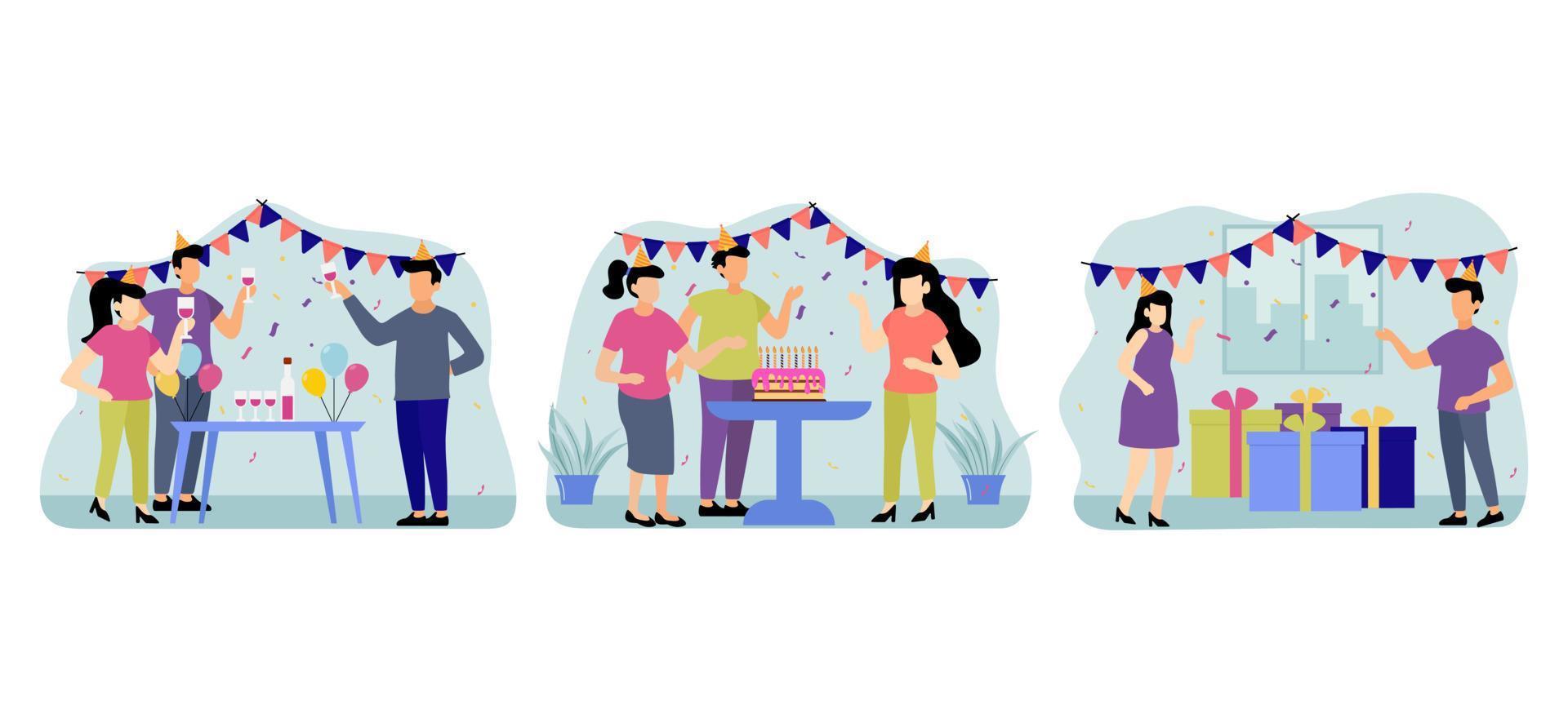 diseño de paquete plano de escena de fiesta de cumpleaños con amigos vector