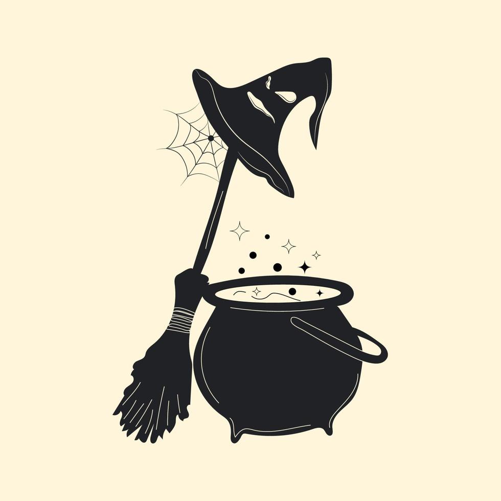 Cartoon witches cauldron with potion next to a broom and a sorcerer's hat. Symbol of Halloween. Set witches vector