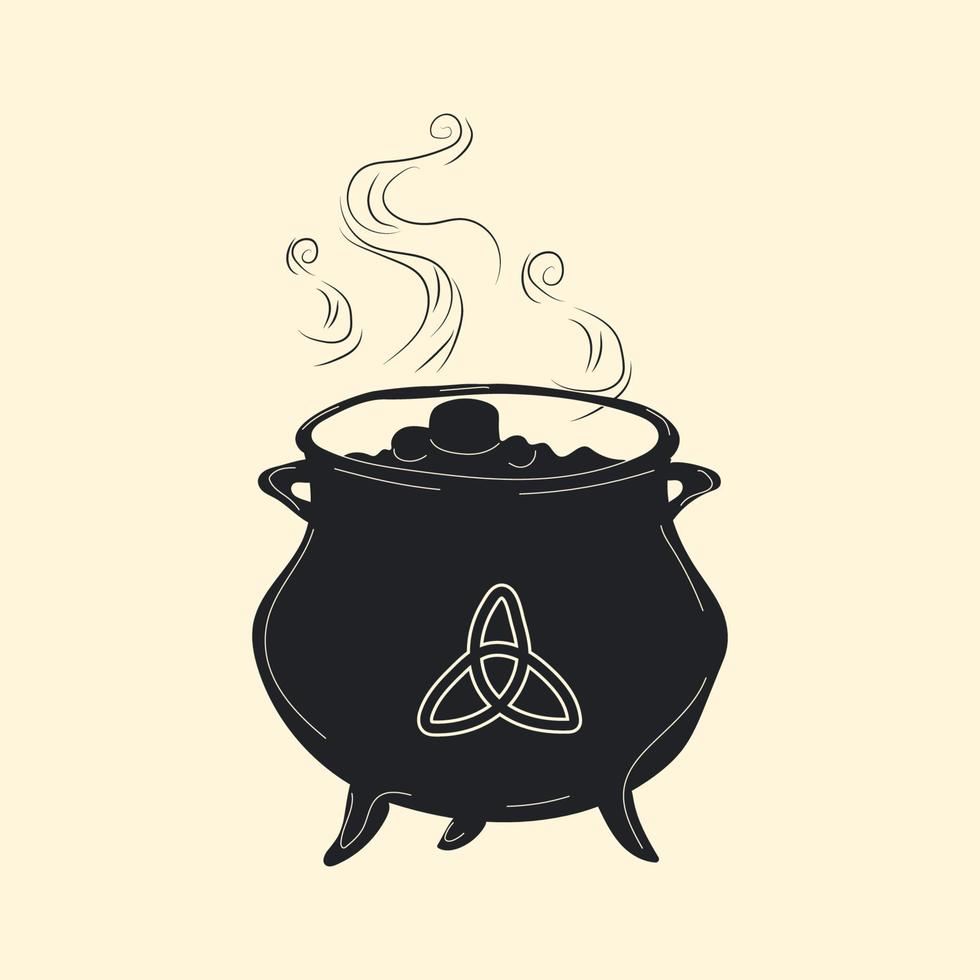 Witch cauldron with bubbling  liquid isolated background. Magic potion. Symbol of witchcraft. Dark boiling cauldron. Traditional halloween element. Vector illustration.