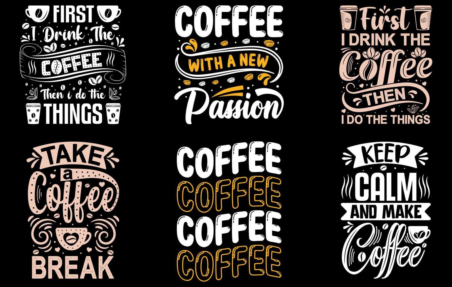 paquete de diseño de camisetas de café, conjunto de diseños de café, citas de camisetas de café, paquete de lemas de café vector
