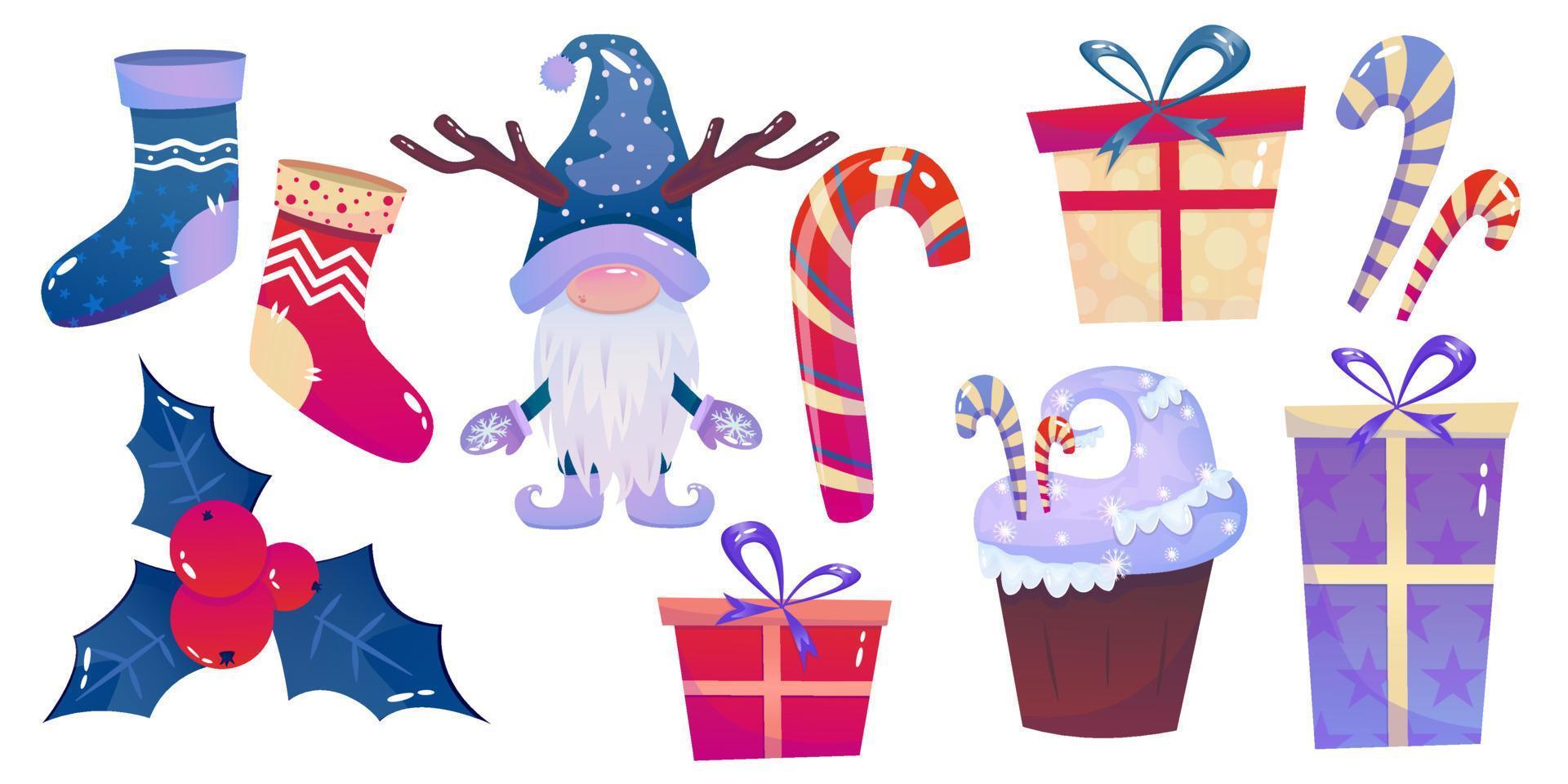 clipart de navidad con gnomo, regalo, pastel y acebo. conjunto de elementos de ilustración de dibujos animados vectoriales. diseño de invierno de nieve de vacaciones. vector
