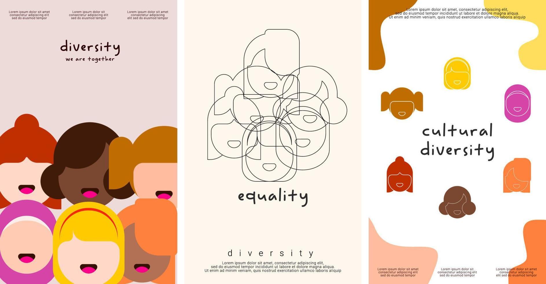 fondo de personas de diversidad. conjunto de 3 estilo plano moderno simple ilustración vectorial. adecuado para afiches, portadas, anuncios, pancartas sociales o volantes. vector