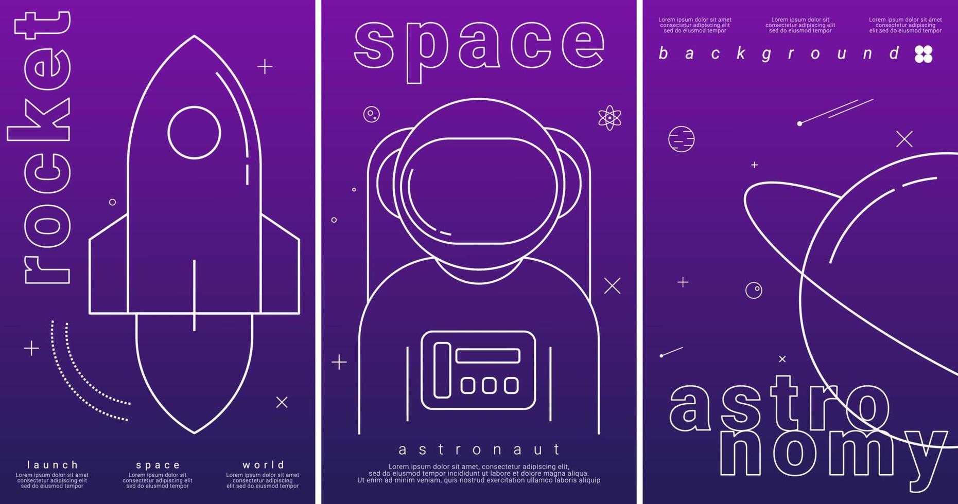 Space rocket astronaut background. Set of 3 modern simple vector illustration flat style. Suitable for poster, cover, ads, social banner, or flyer