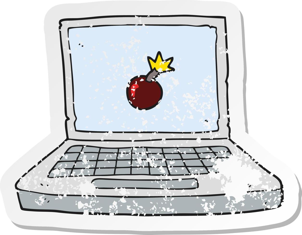 pegatina retro angustiada de una computadora portátil de dibujos animados con símbolo de bomba vector