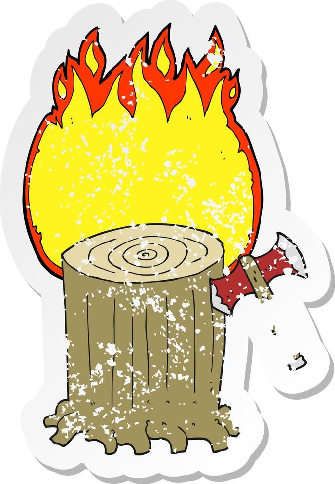 retro distressed sticker of a cartoon tree stump and axe vector