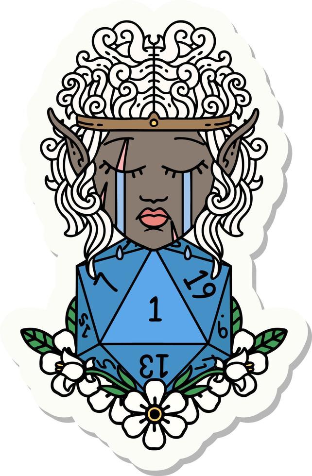 sticker of a crying elf barbarian character with natural one D20 roll vector