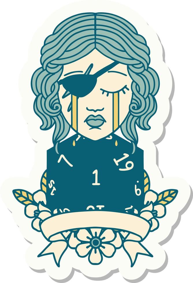 sticker of a crying human rogue with natural one roll vector