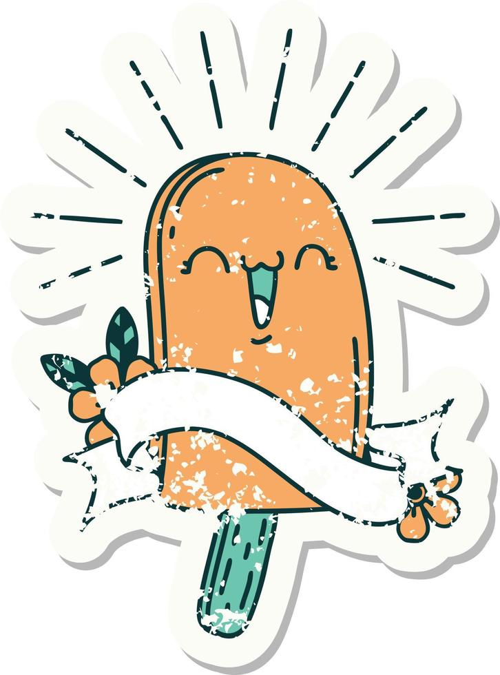 worn old sticker of a tattoo style ice lolly vector