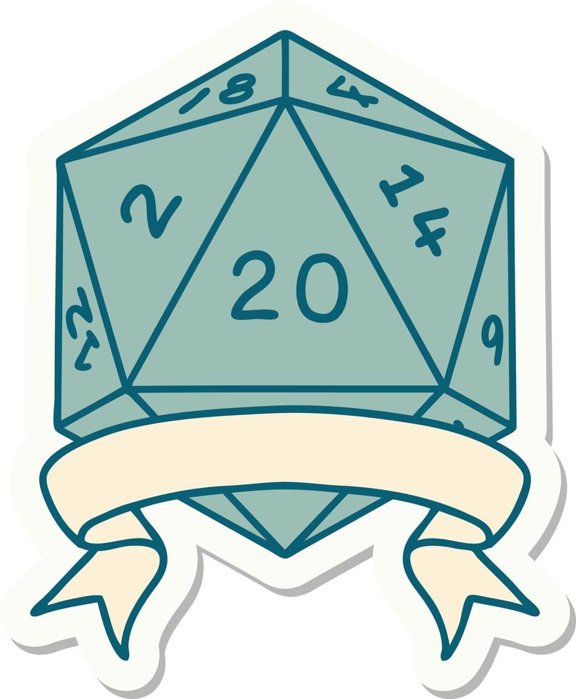 sticker of a natural 20 critical hit D20 dice roll vector