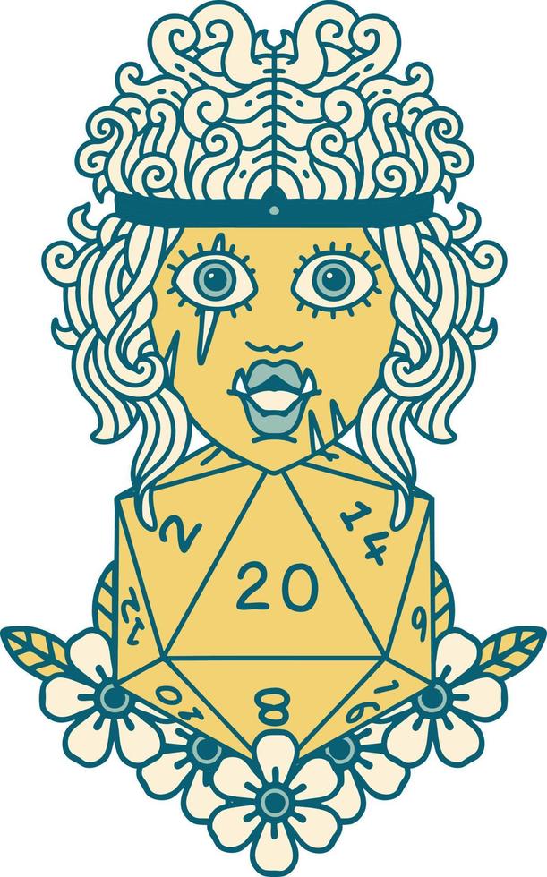 Retro Tattoo Style orc barbarian with natural twenty dice roll vector