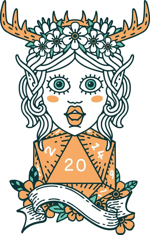 Retro Tattoo Style elf druid character with natural twenty dice roll vector