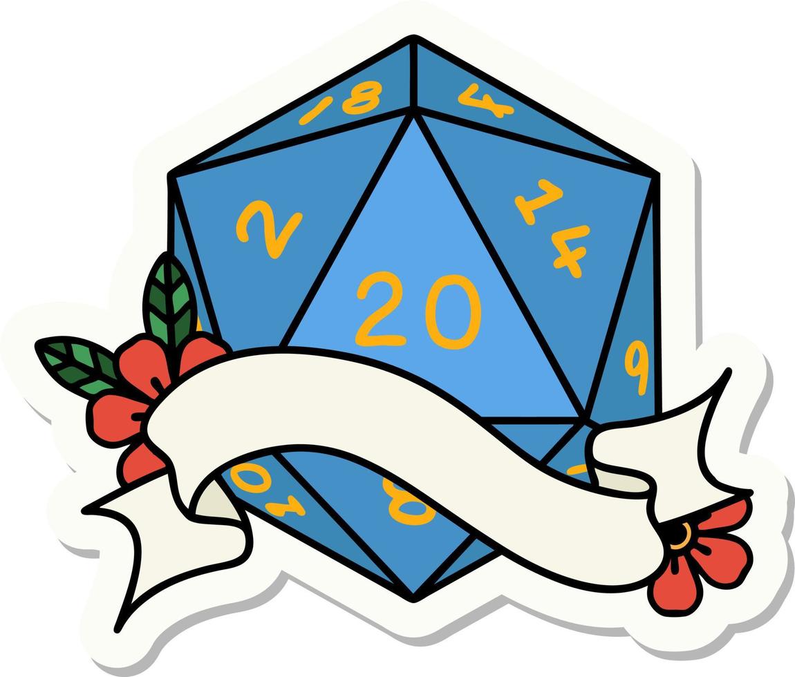 sticker of a natural twenty D20 dice roll vector